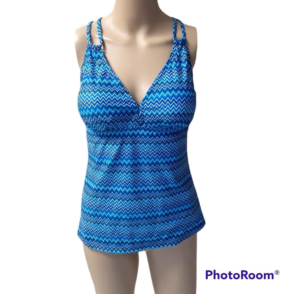 NWT Bikinx Women's Modest Tankini Top Size Medium, Blue and White Pattern
